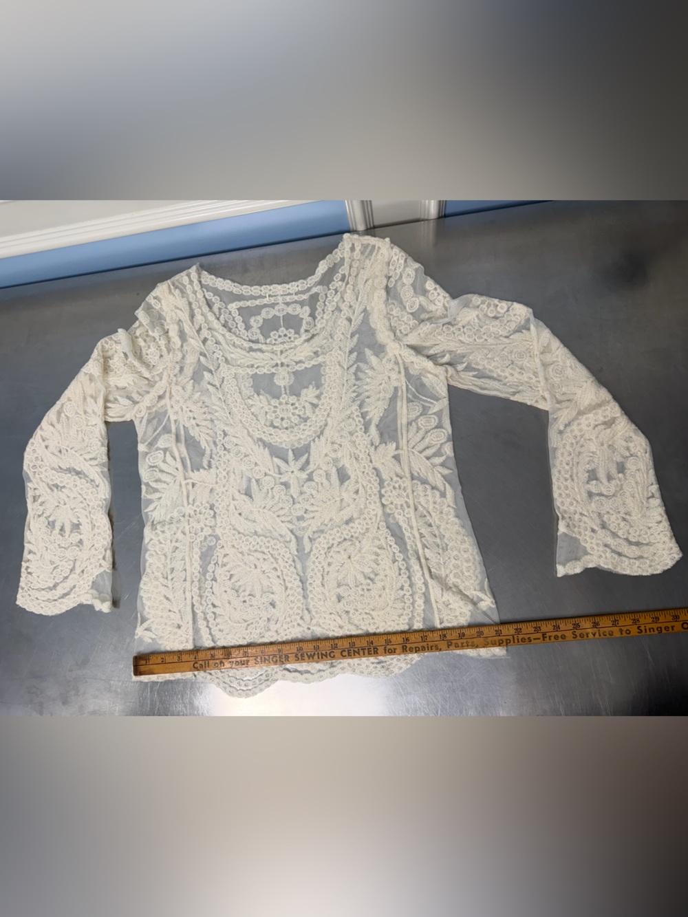 Ivory heavy Lace Long Sleeve Crochet Top - Picture 7 of 10